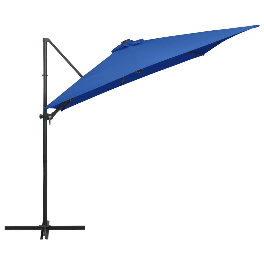 hængeparasol med LED-lys og stålstang 250x250 cm azurblå