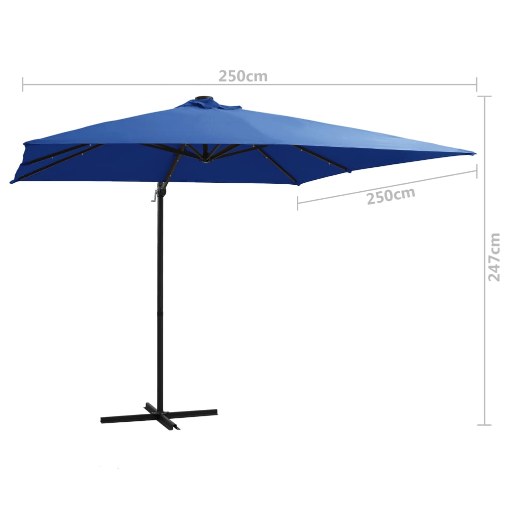 hængeparasol med LED-lys og stålstang 250x250 cm azurblå