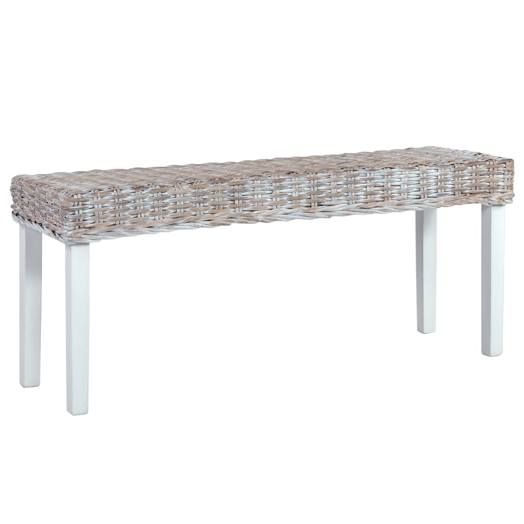 bænk 110 cm naturlig kubu-rattan massivt mahognitræ hvid