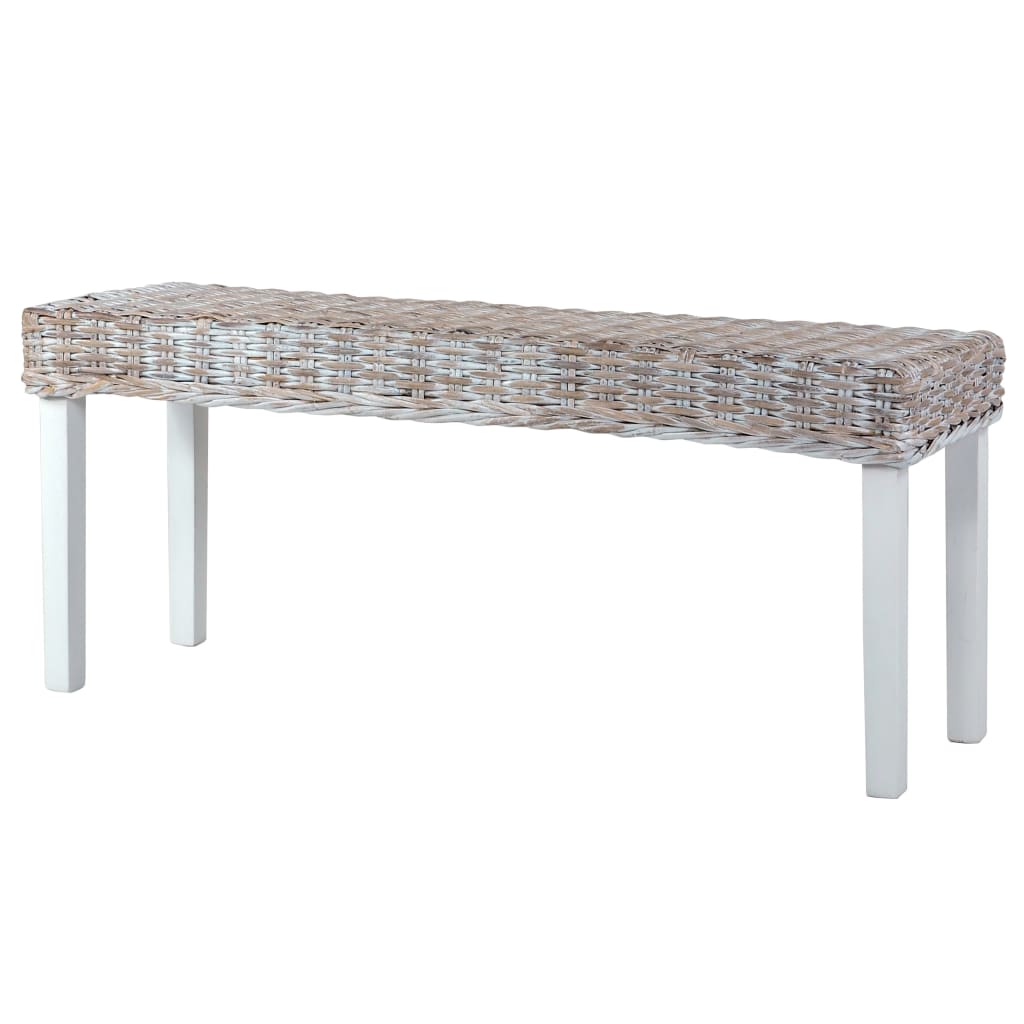 bænk 110 cm naturlig kubu-rattan massivt mahognitræ hvid