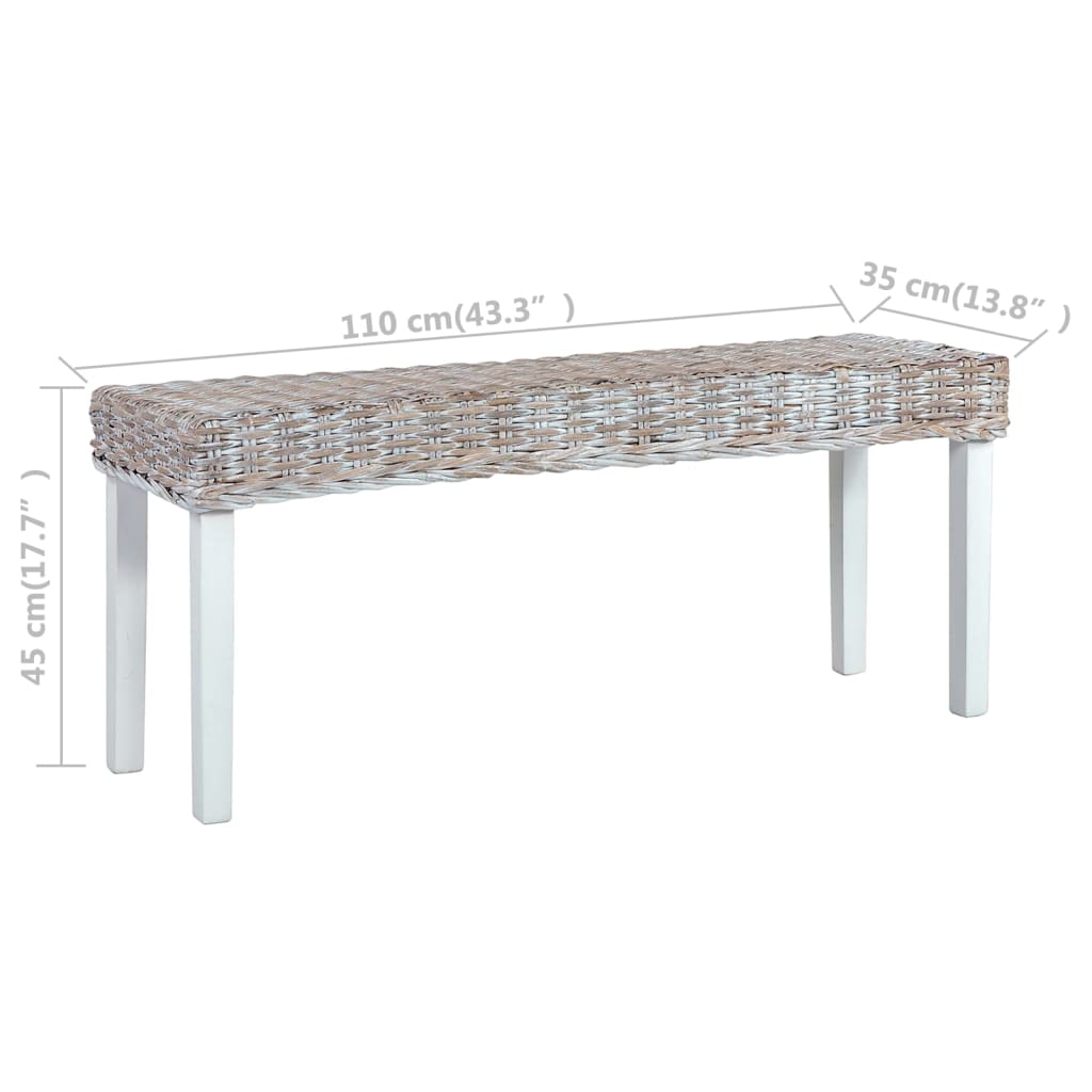 bænk 110 cm naturlig kubu-rattan massivt mahognitræ hvid