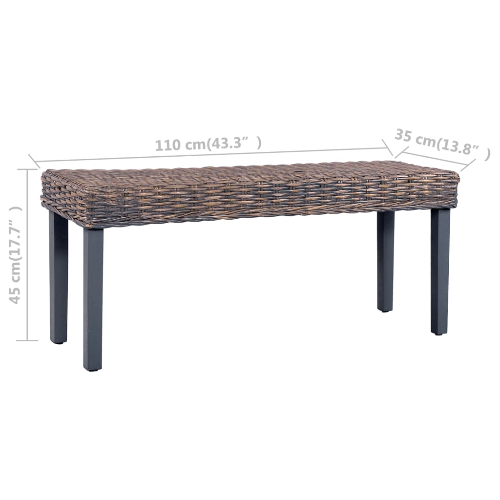 bænk 110 cm naturlig kubu-rattan massivt mahognitræ grå