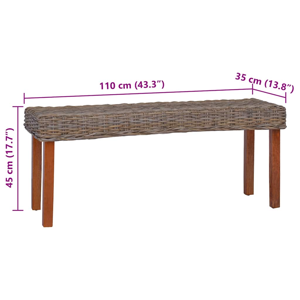 bænk 110 cm naturlig kubu-rattan massivt mahognitræ
