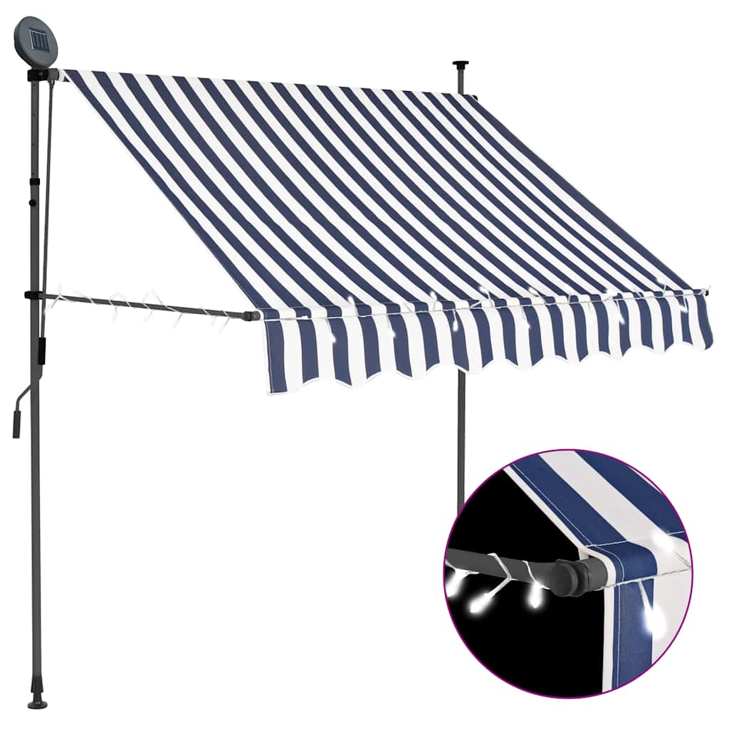 markise m. LED-lys manuel betjening 100 cm blå og hvid
