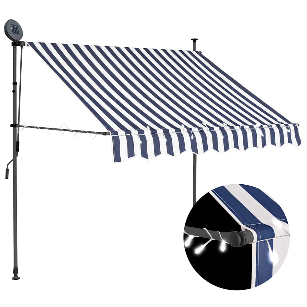 markise m. LED-lys manuel betjening 150 cm blå og hvid