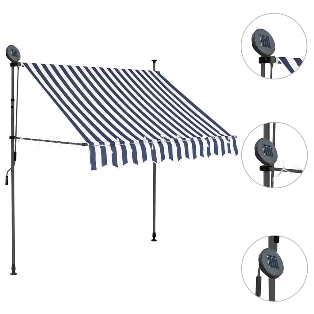markise m. LED-lys manuel betjening 150 cm blå og hvid