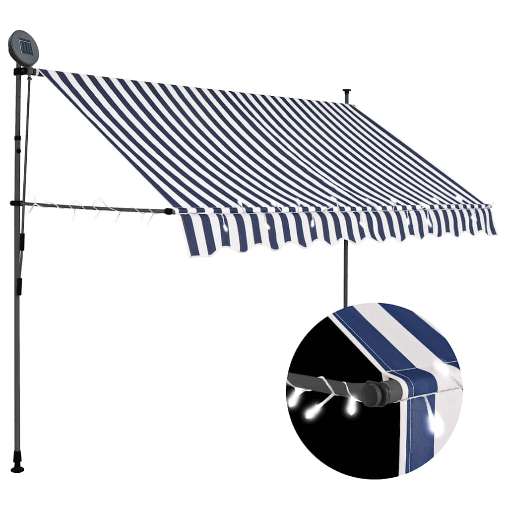 markise m. LED-lys manuel betjening 300 cm blå og hvid