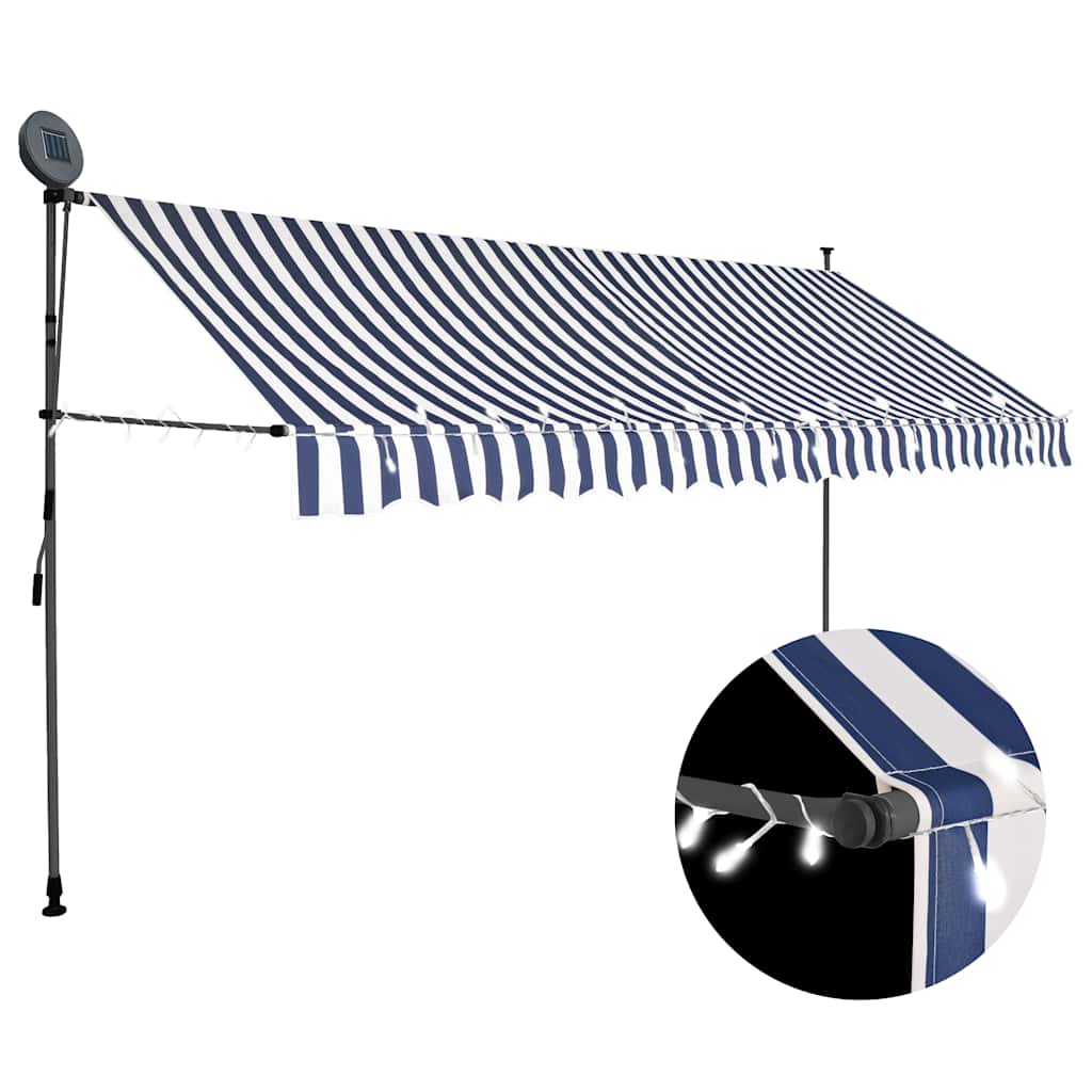 markise m. LED-lys manuel betjening 350 cm blå og hvid