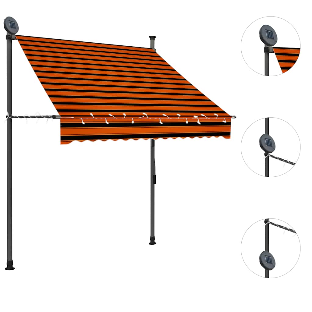 markise m. LED-lys manuel betjening 150 cm orange og brun