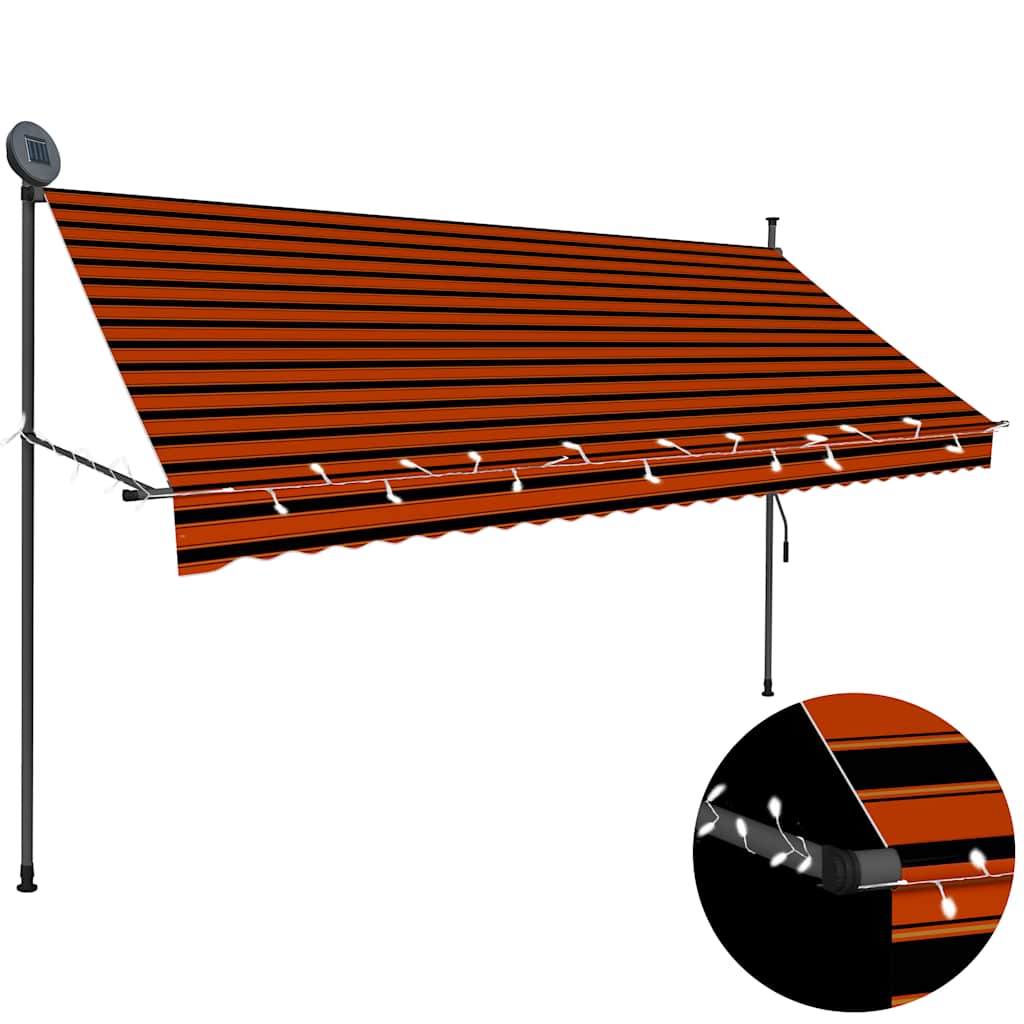 markise m. LED-lys manuel betjening 300 cm orange og brun