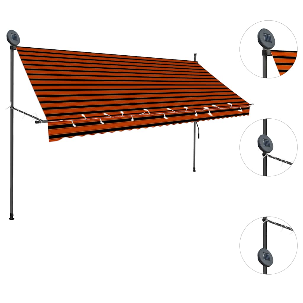 markise m. LED-lys manuel betjening 300 cm orange og brun