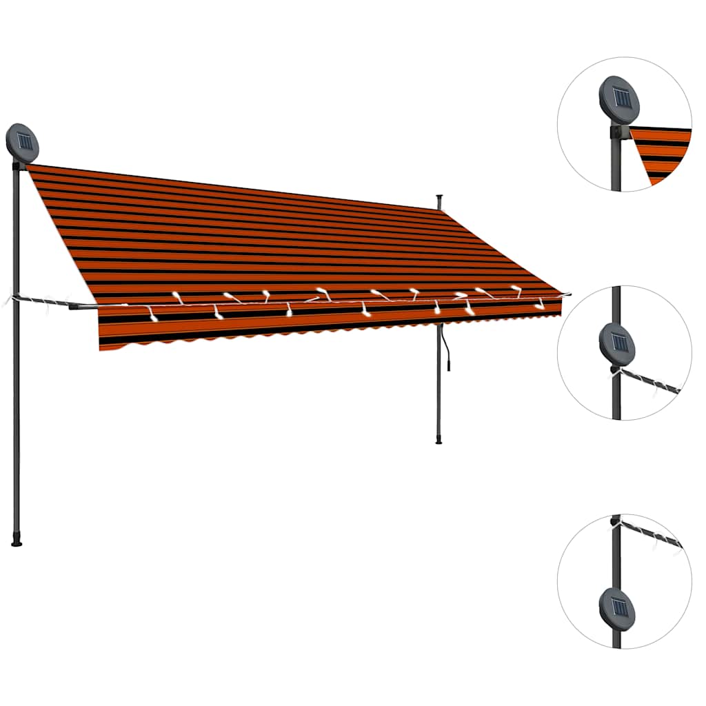 markise m. LED-lys manuel betjening 350 cm orange og brun
