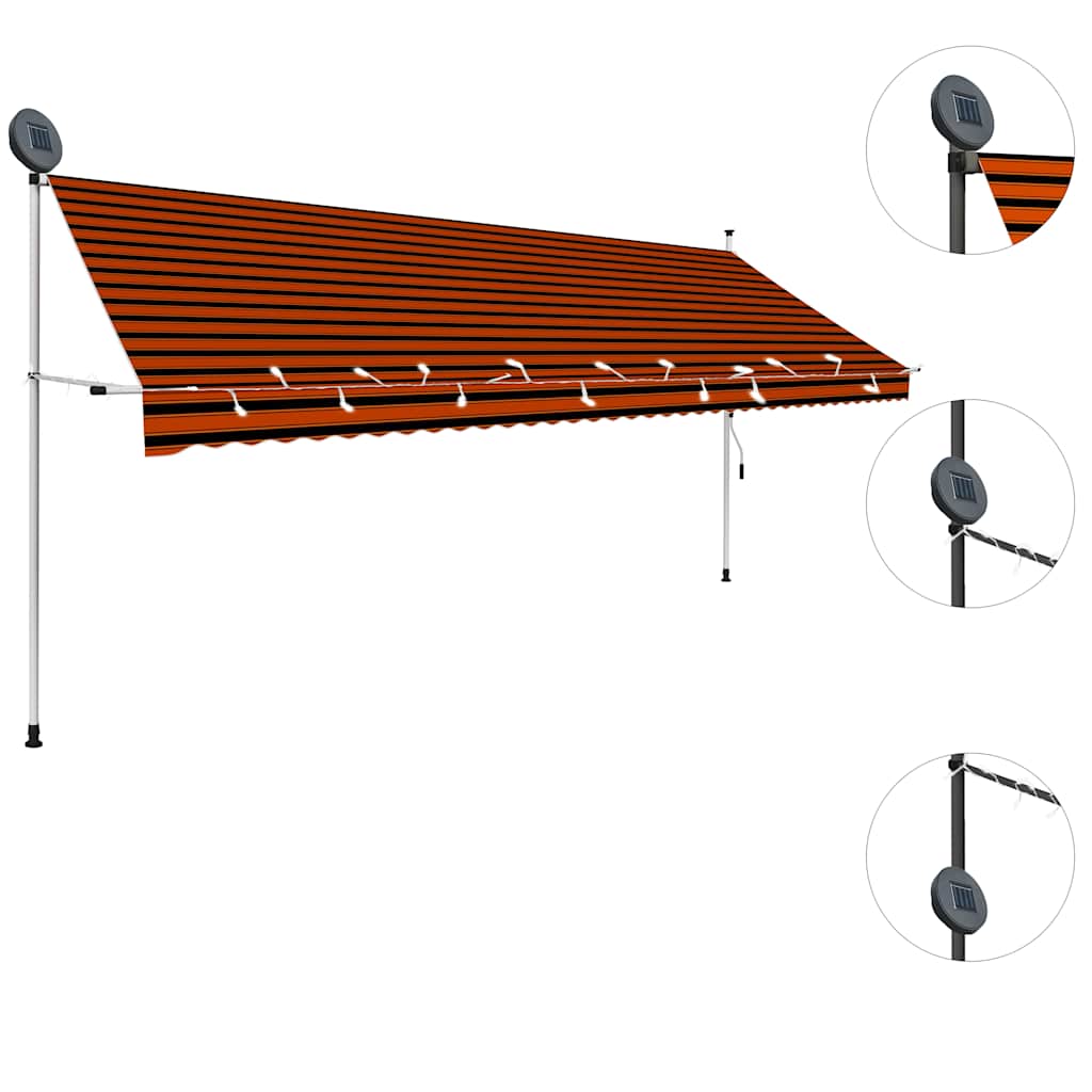 markise m. LED-lys manuel betjening 400 cm orange og brun