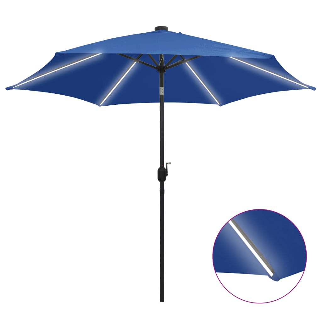 parasol med LED-lys og aluminiumsstang 300 cm azurblå