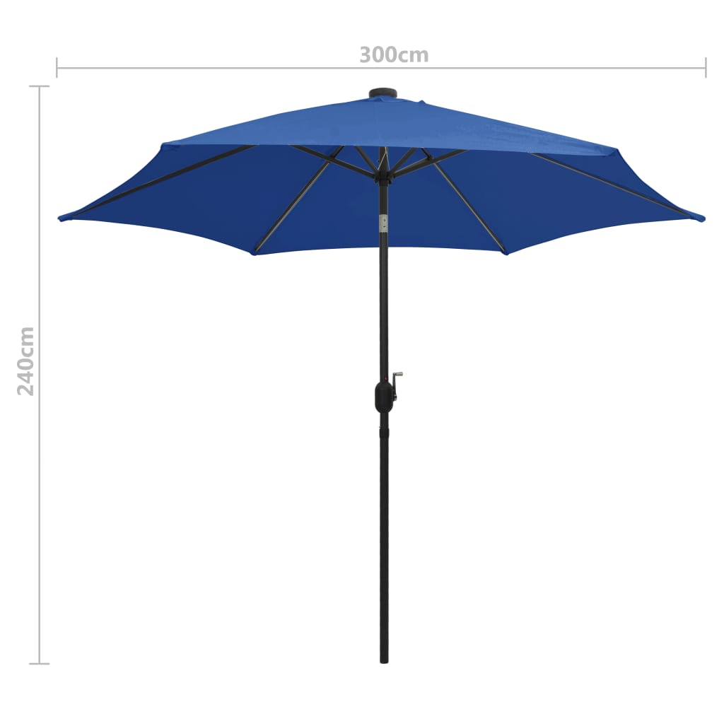 parasol med LED-lys og aluminiumsstang 300 cm azurblå