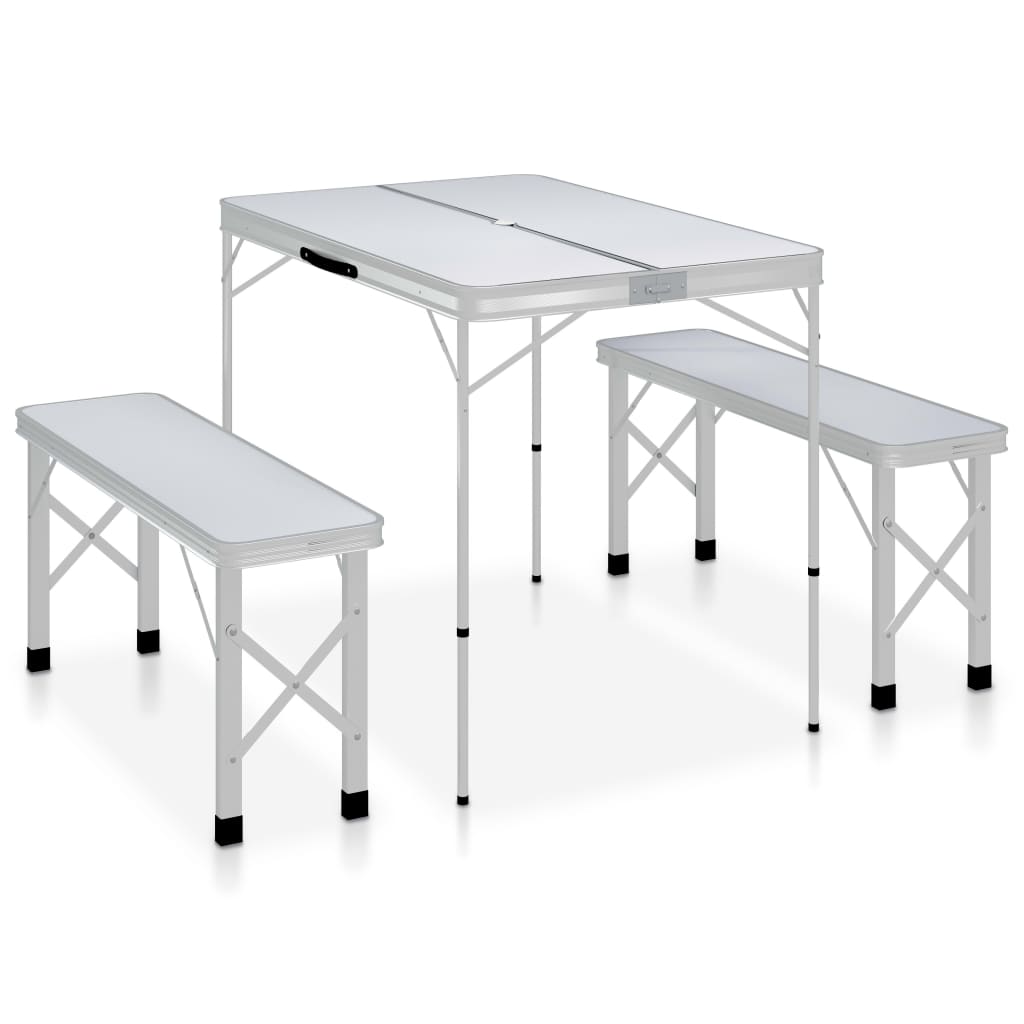 foldbart campingbord med 2 bænke aluminium hvid