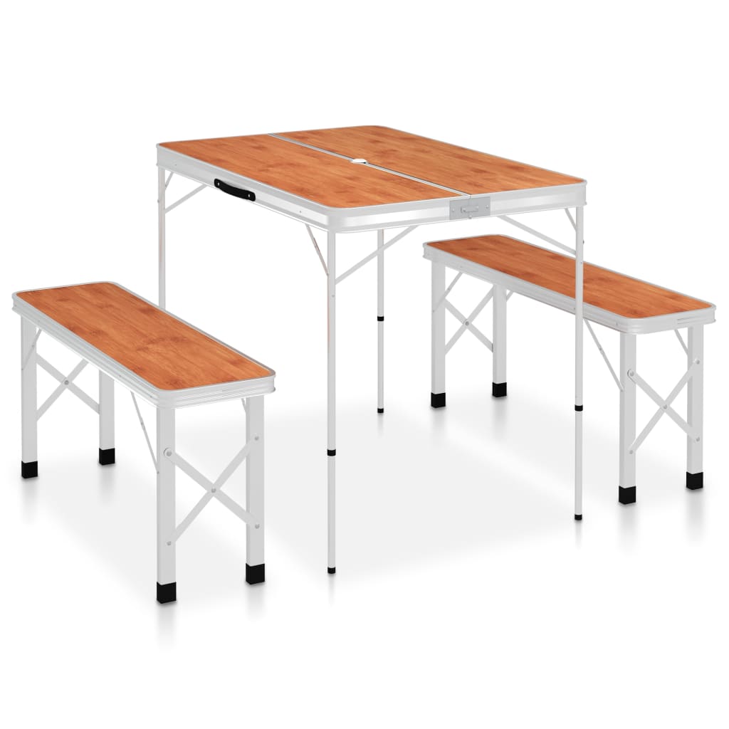 foldbart campingbord med 2 bænke aluminium brun