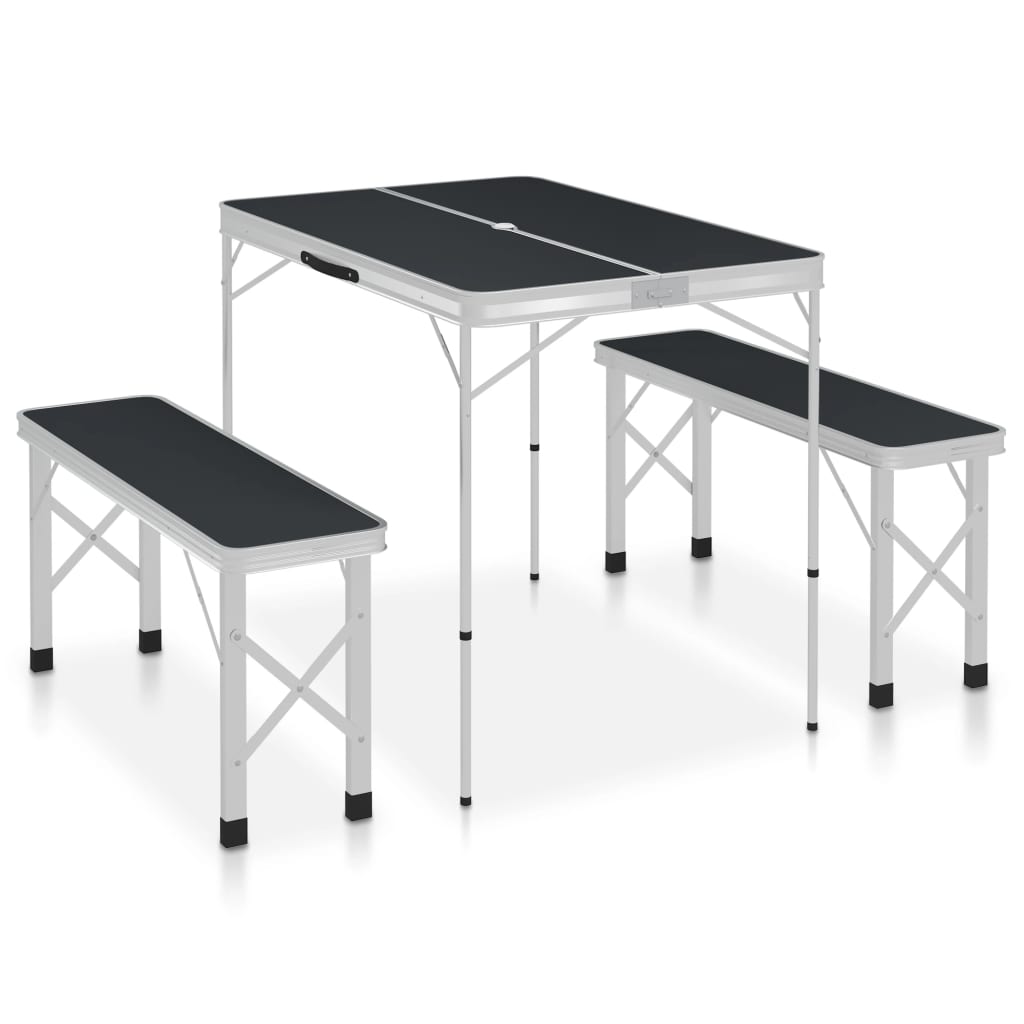 foldbart campingbord med 2 bænke aluminium grå