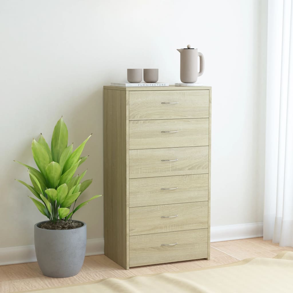 skænk med 6 skuffer 50x34x96 cm konstrueret træ sonoma-eg