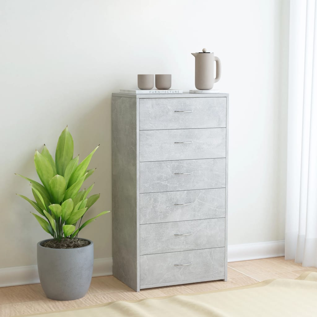 kommode med 6 skuffer 50x34x96 cm konstrueret træ betongrå
