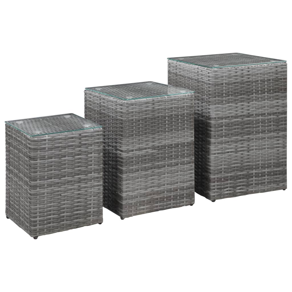 sideborde med glastop 3 stk. polyrattan grå