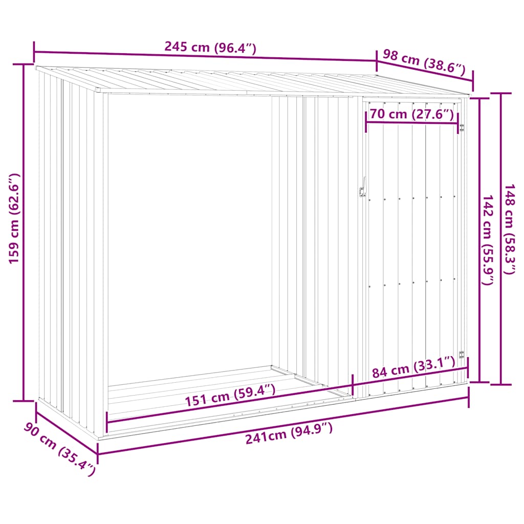 brændeskur 245x98x159 cm galvaniseret stål grøn