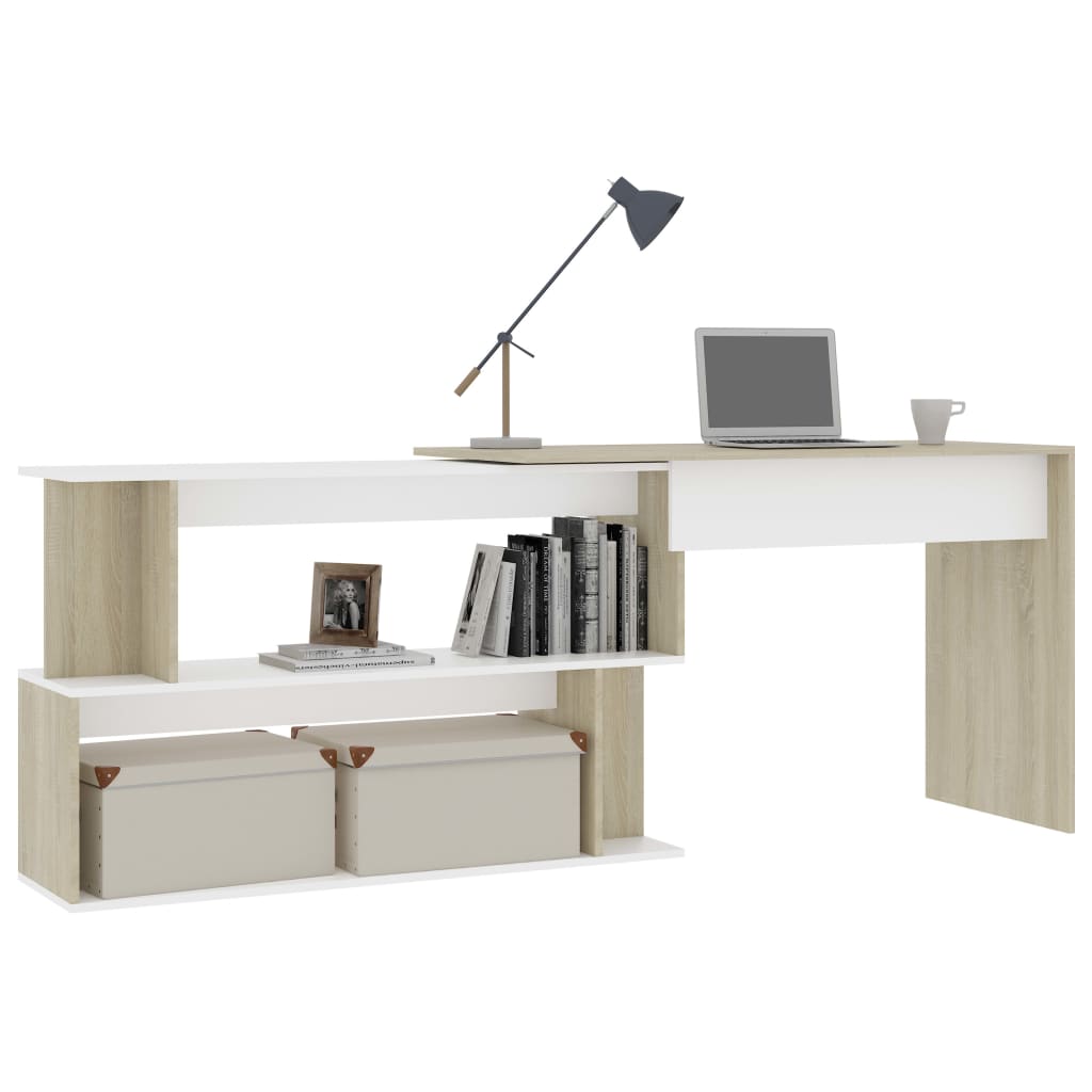 skrivebord 200x50x76 cm konstrueret træ hvid og sonoma-eg