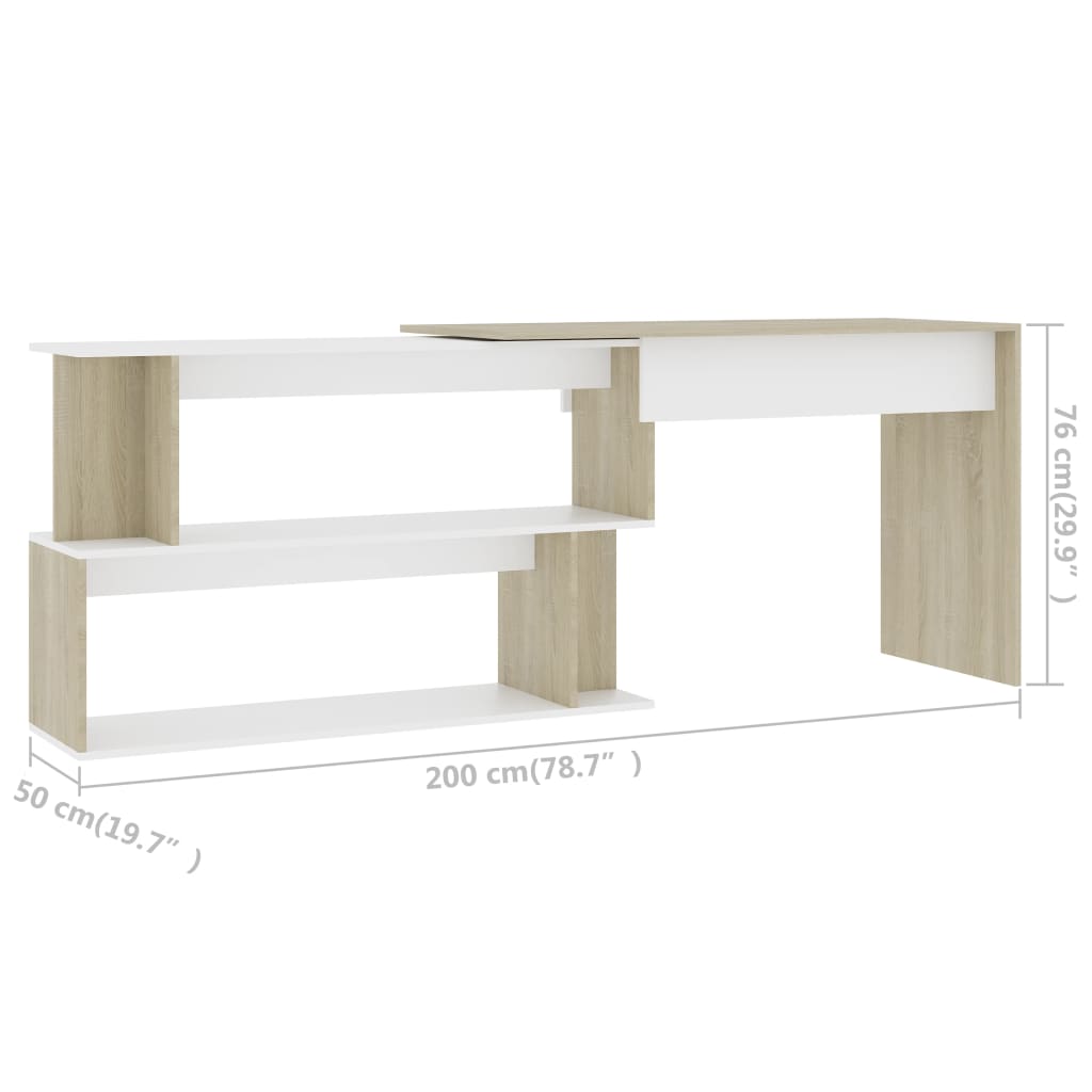 skrivebord 200x50x76 cm konstrueret træ hvid og sonoma-eg