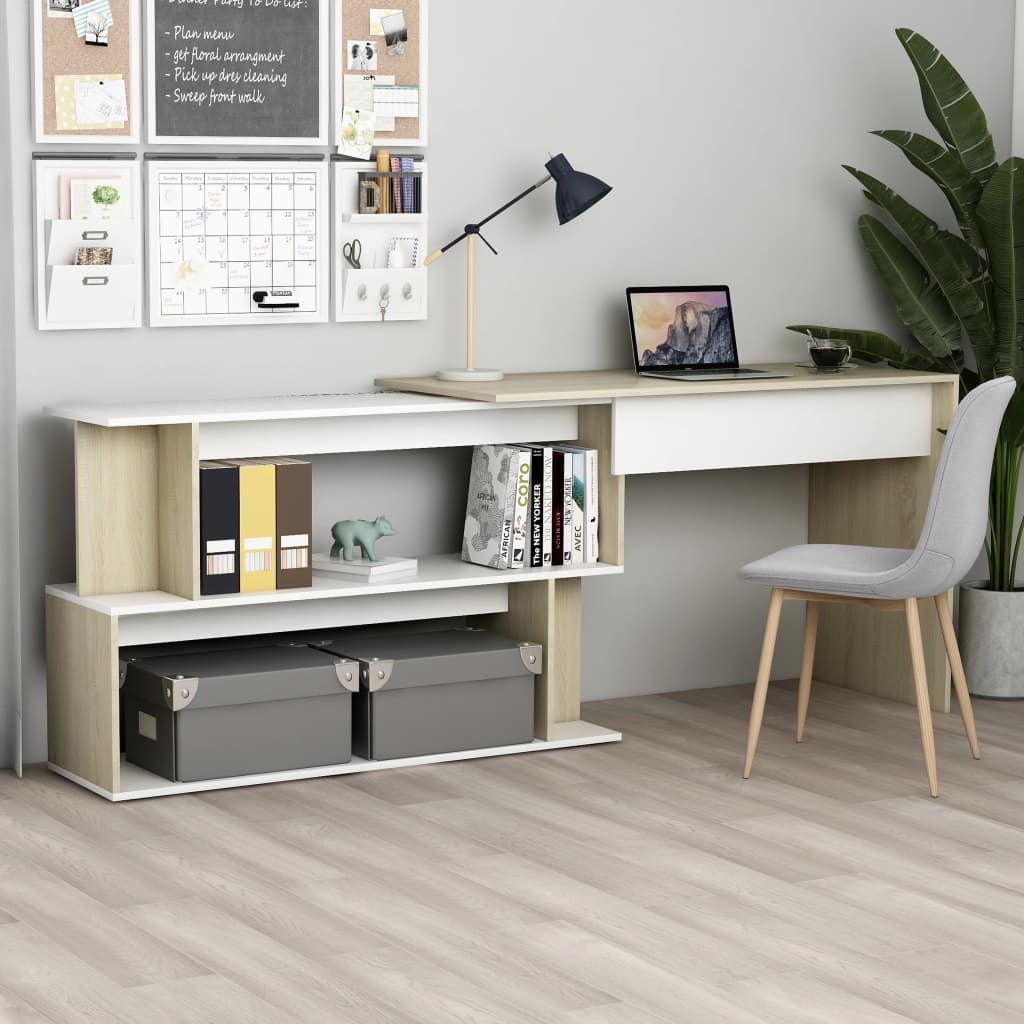 skrivebord 200x50x76 cm konstrueret træ hvid og sonoma-eg