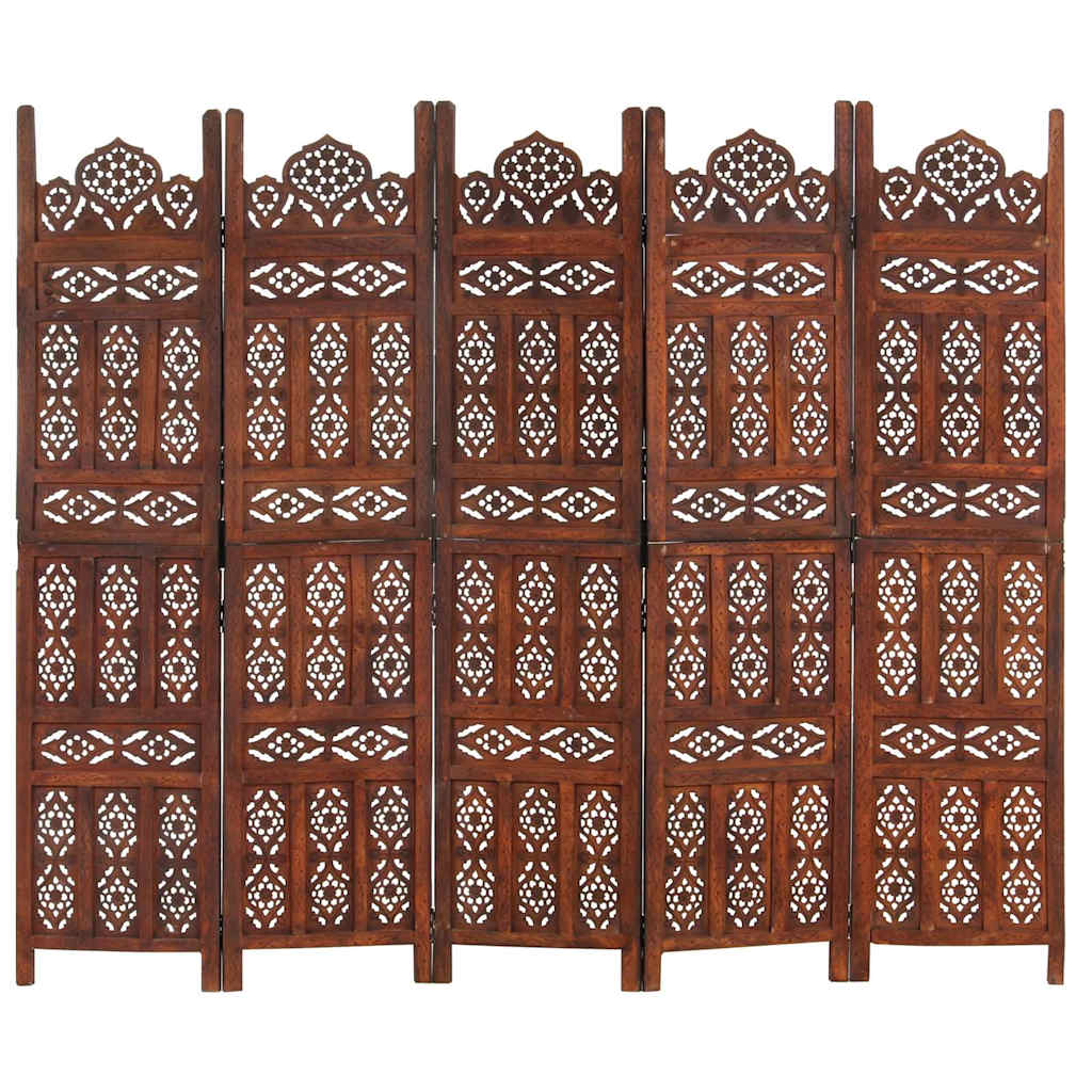 5-panels rumdeler håndskåret 200 x 165 cm massivt mangotræ brun