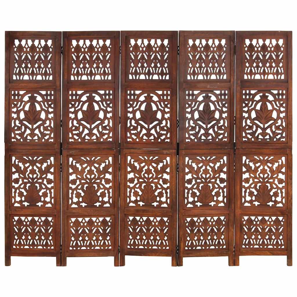 5-panels rumdeler håndskåret 200 x 165 cm massivt mangotræ brun