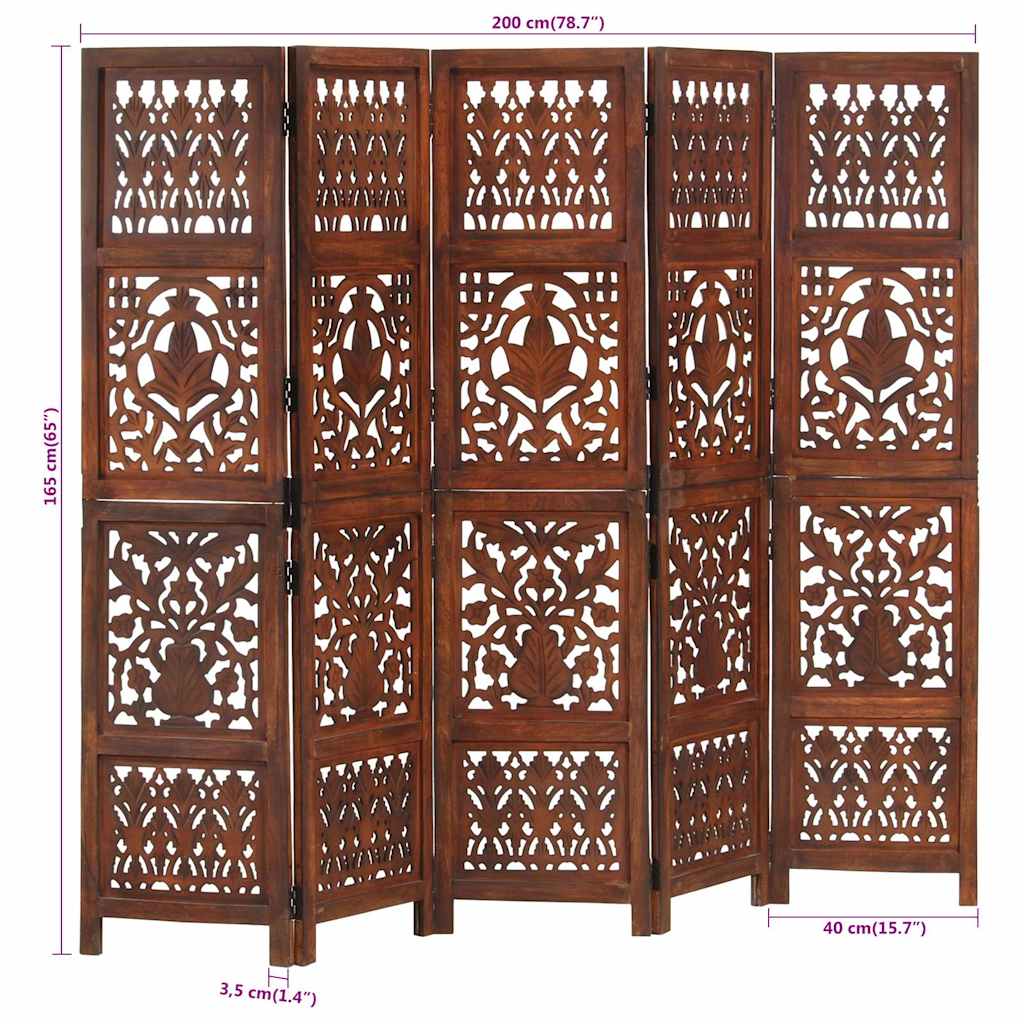 5-panels rumdeler håndskåret 200 x 165 cm massivt mangotræ brun