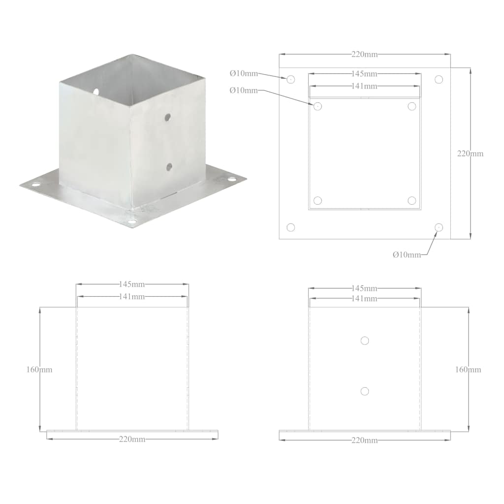 stolpefod 4 stk. 141 mm galvaniseret metal