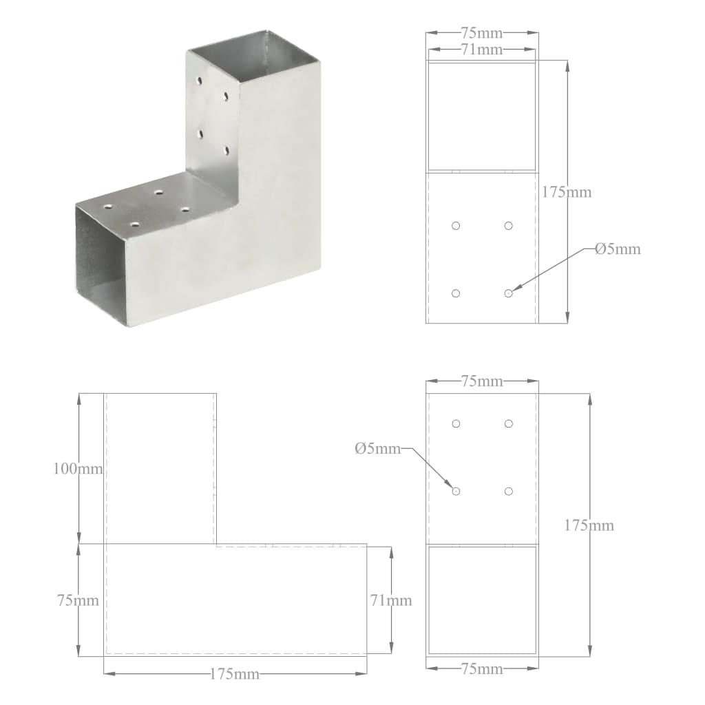 stolpebeslag L-form 71x71 mm galvaniseret metal