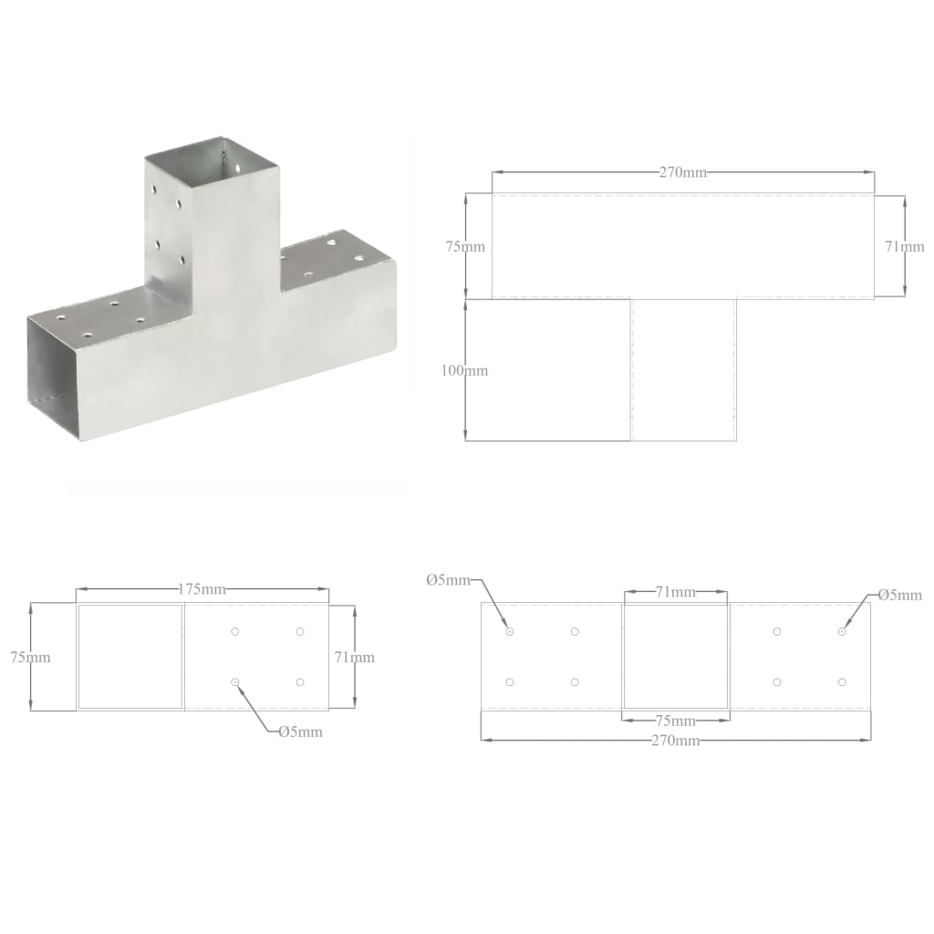 stolpebeslag T-form 71x71 mm galvaniseret metal