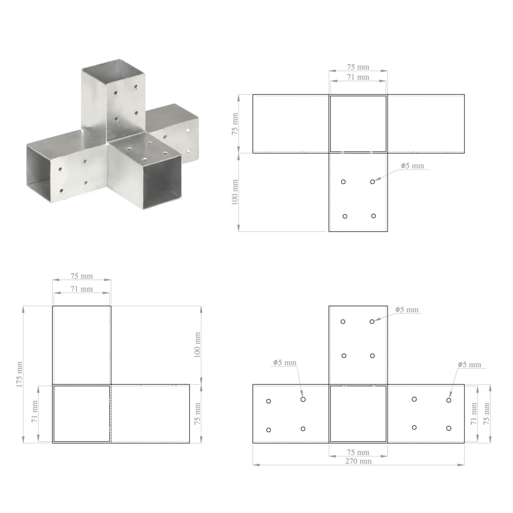 stolpebeslag X-form 71x71 mm galvaniseret metal
