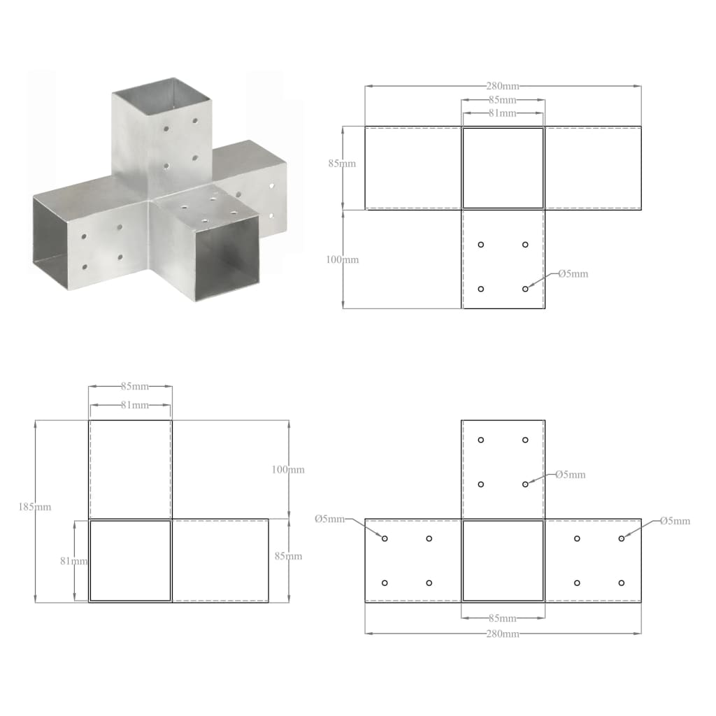 stolpebeslag X-form 81x81 mm galvaniseret metal