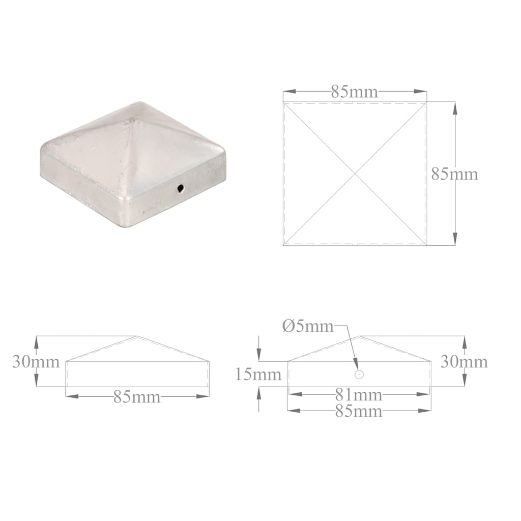 pyramideformede stolpehætter 6 stk. 81x81 mm galvaniseret metal
