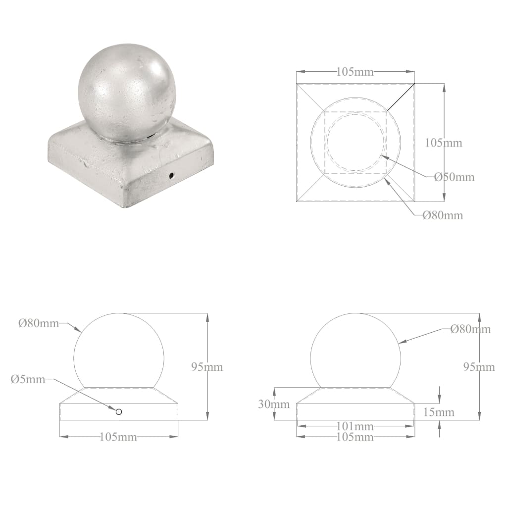globusformet stolpehætte 6 stk. 101x101 mm galvaniseret metal