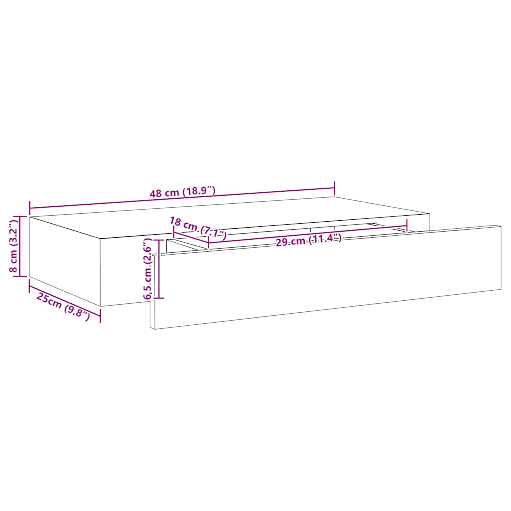 væghylde med skuffe 48x25x8 cm sort