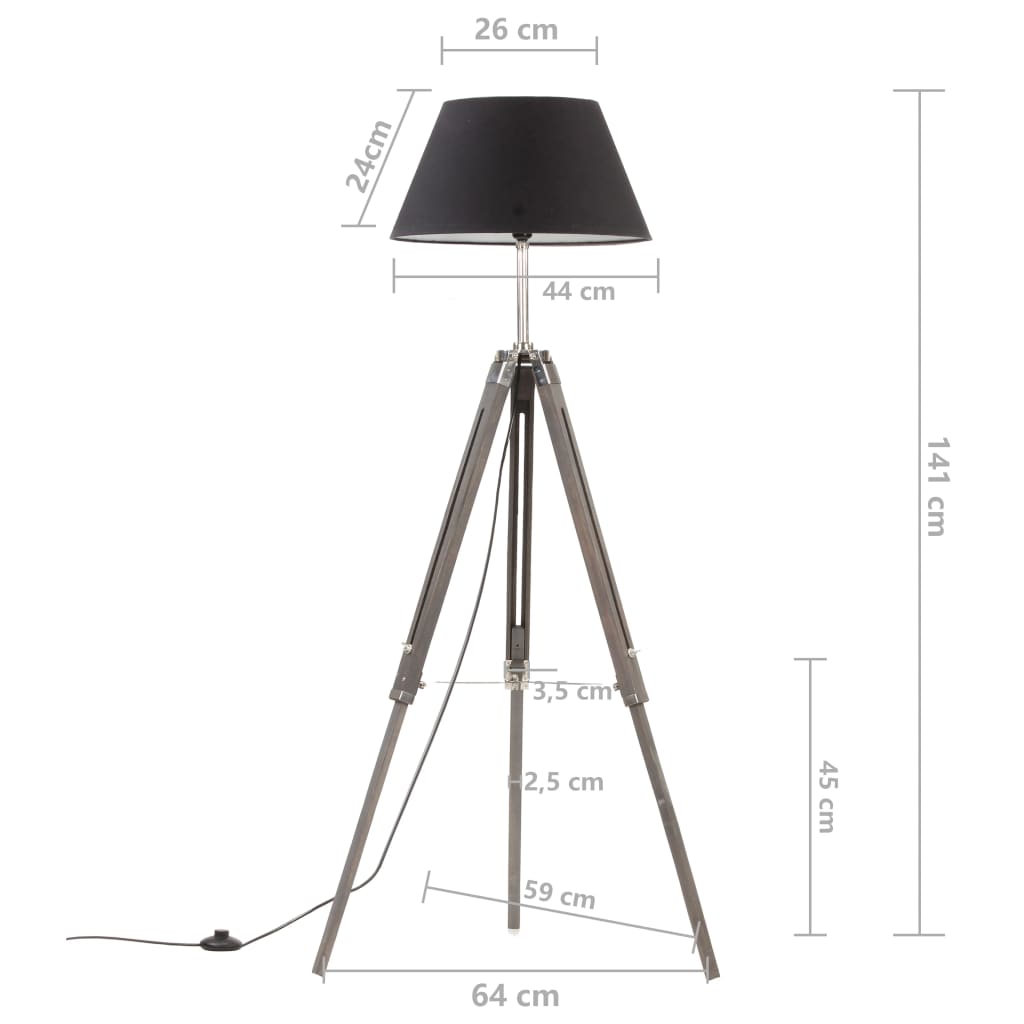 gulvlampe med trefod 141 cm massivt teaktræ sort og guldfarvet