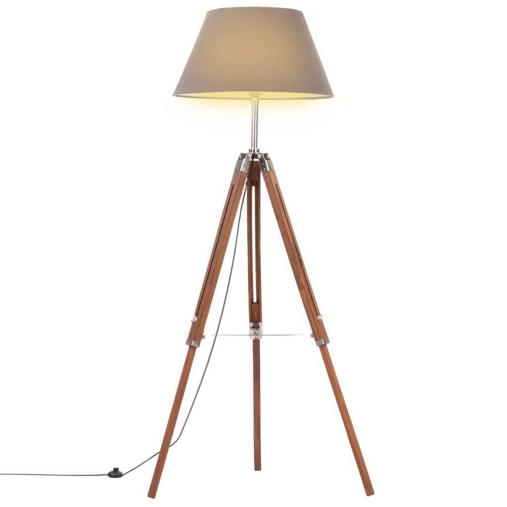 gulvlampe med trefod 141 cm massivt teaktræ honningbrun og grå