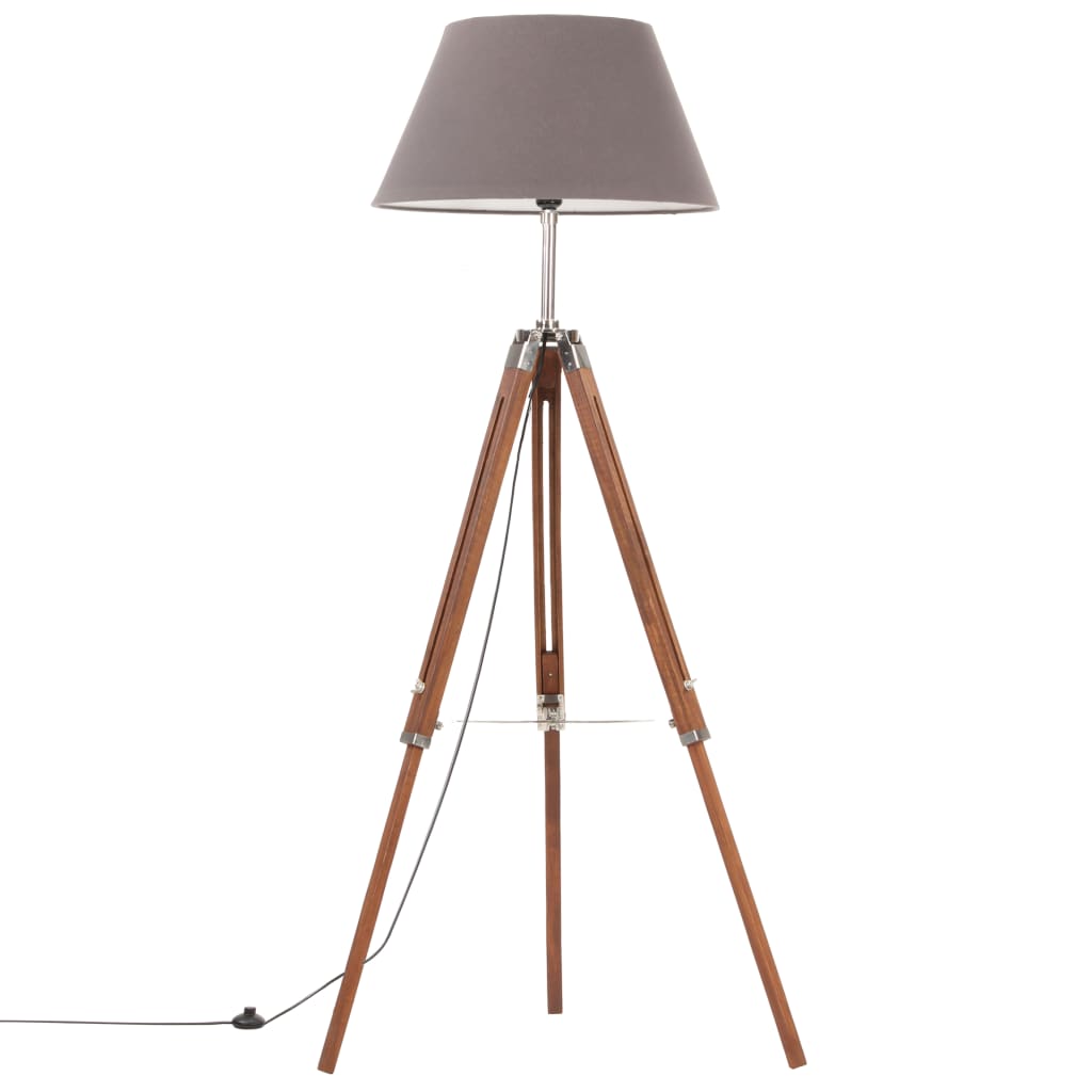 gulvlampe med trefod 141 cm massivt teaktræ honningbrun og grå