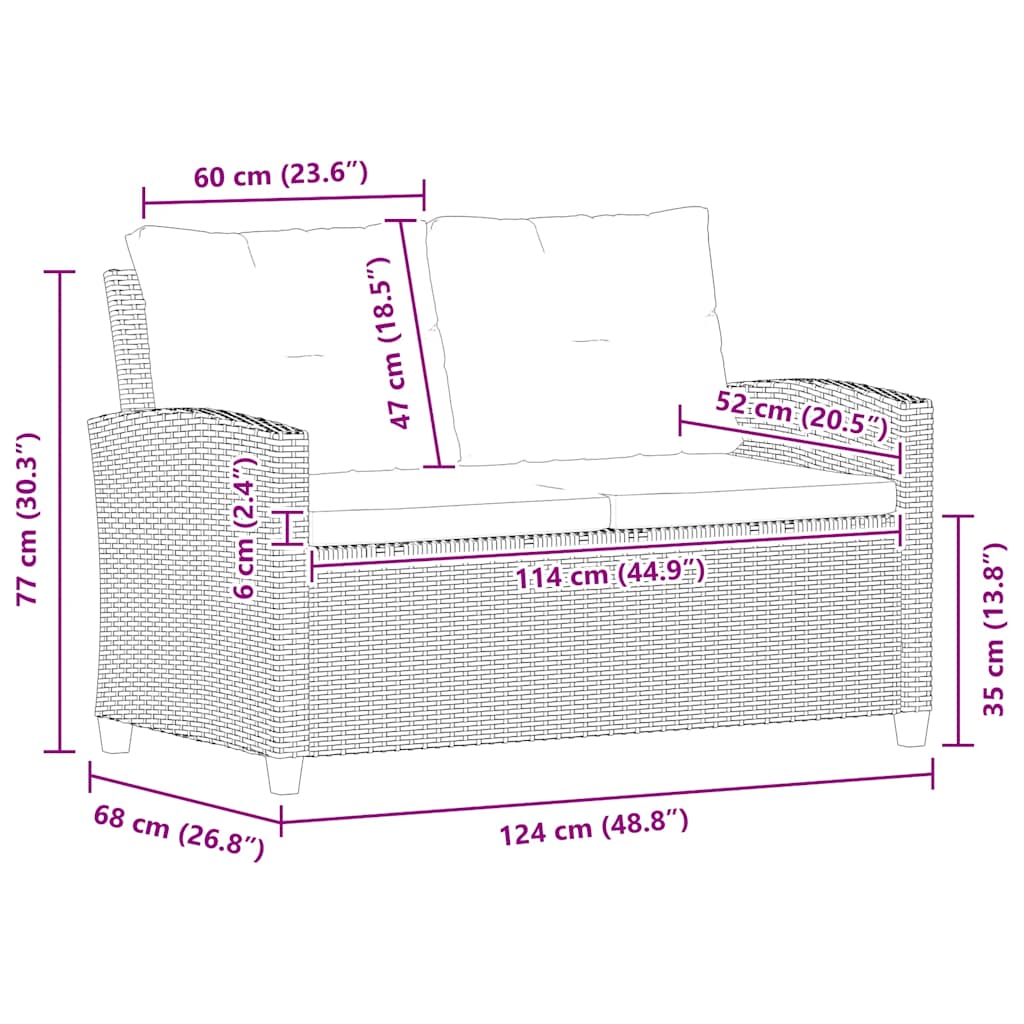 topersoners havesofa med hynder 124 cm polyrattan grå
