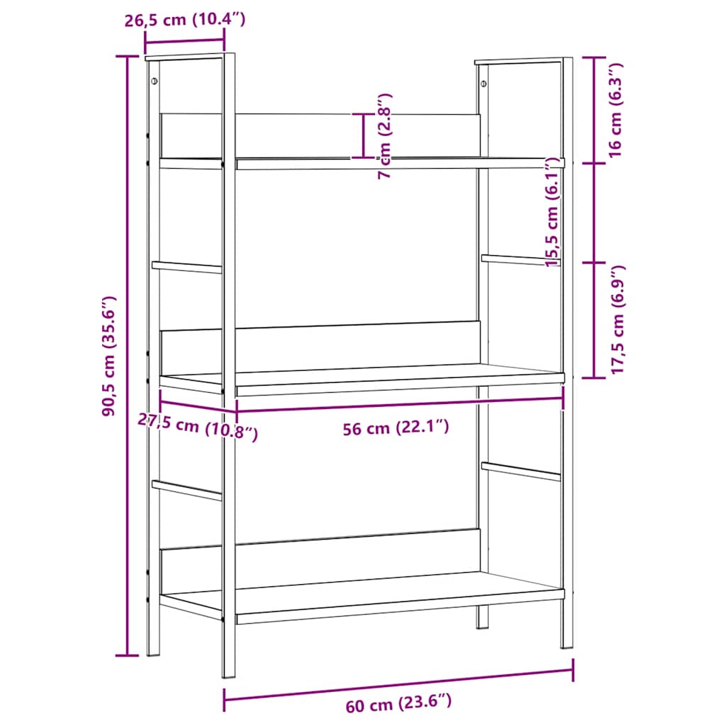bogreol 60x27,6x90,5 cm 3 hylder konstrueret træ sort
