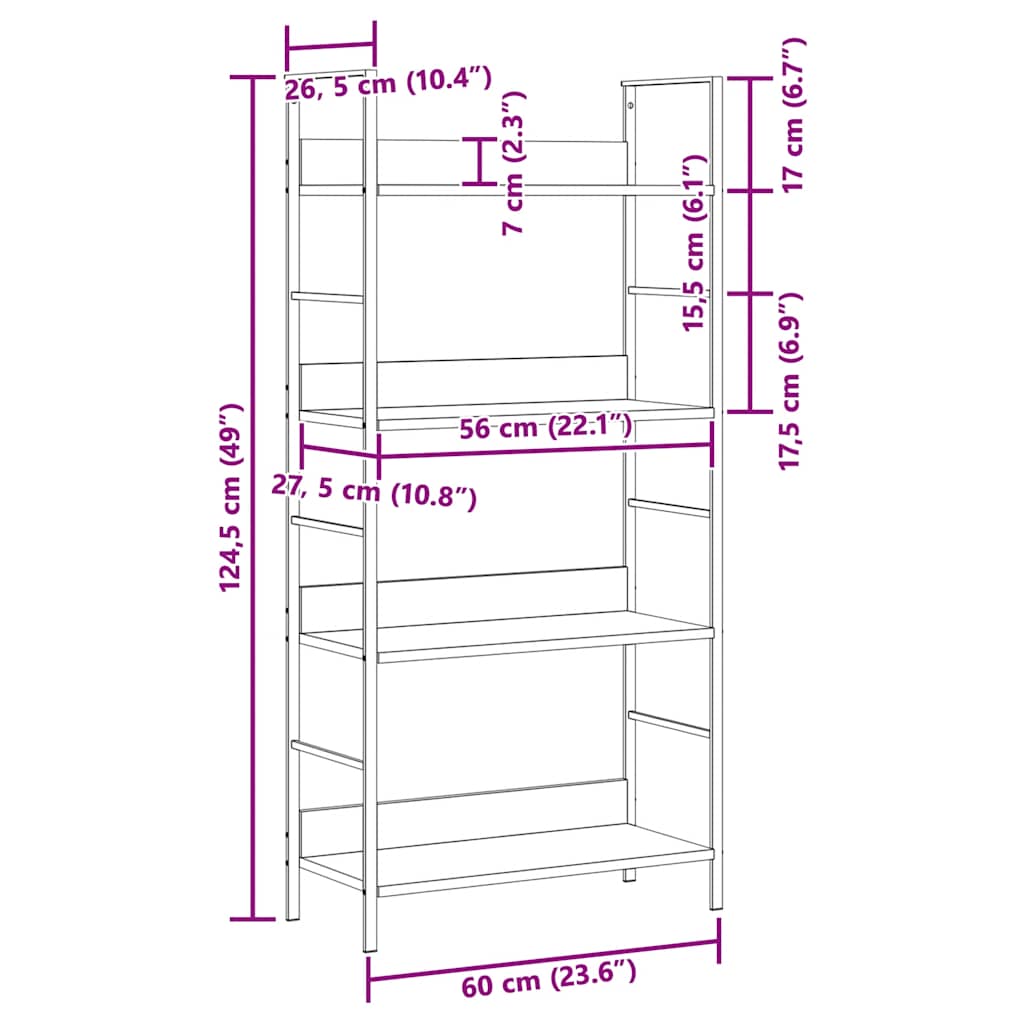 bogreol 60x27,6x124,5 cm 4 hylder konstrueret træ egetræsfarve