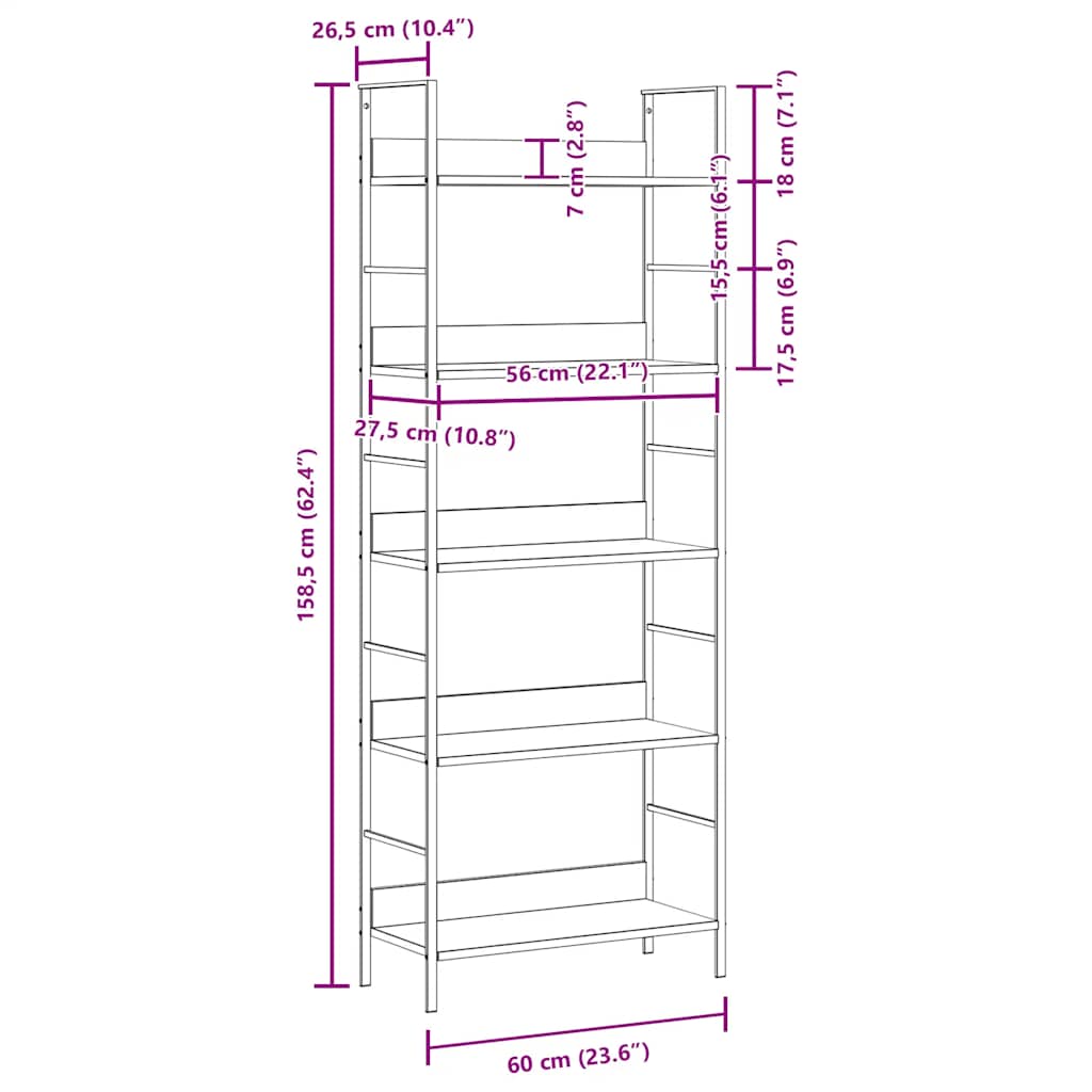 bogreol med 5 hylder 60x27,6x158,5 cm konstrueret træ hvid