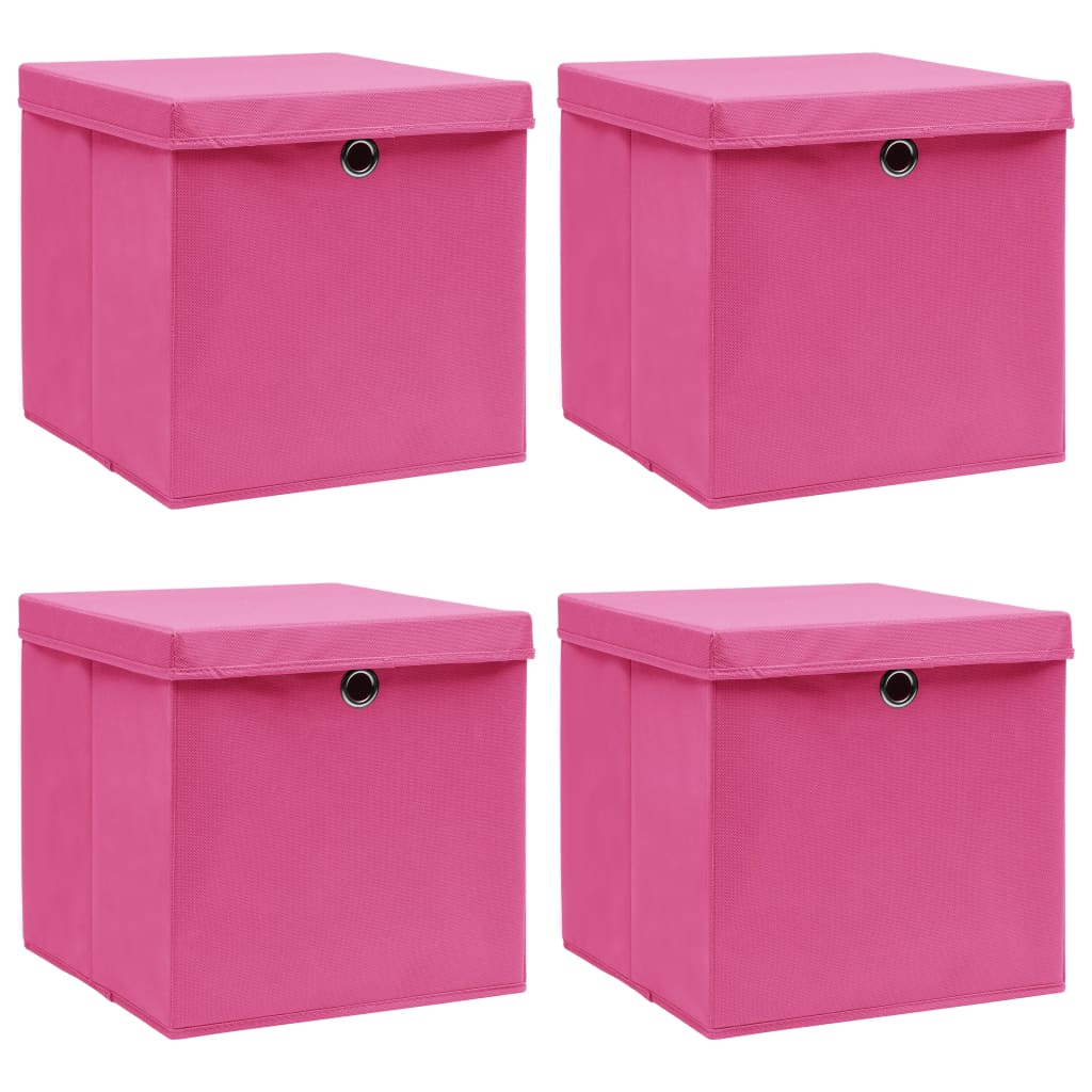 opbevaringskasser med låg 4 stk. 32x32x32 stof pink