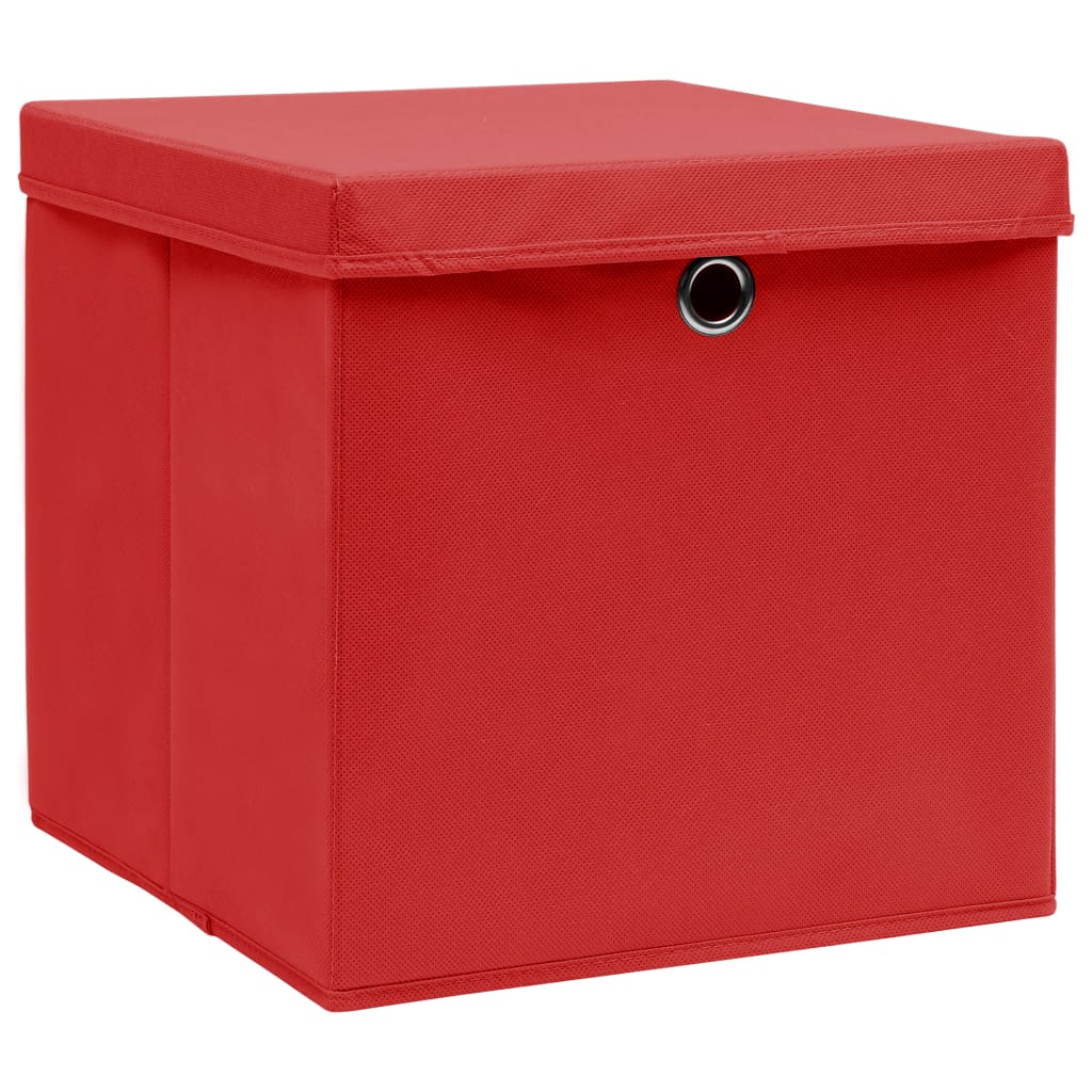 opbevaringskasser med låg 4 stk. 32x32x32 stof rød