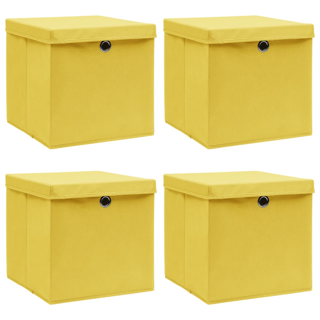 opbevaringskasser med låg 4 stk. 32x32x32 stof gul